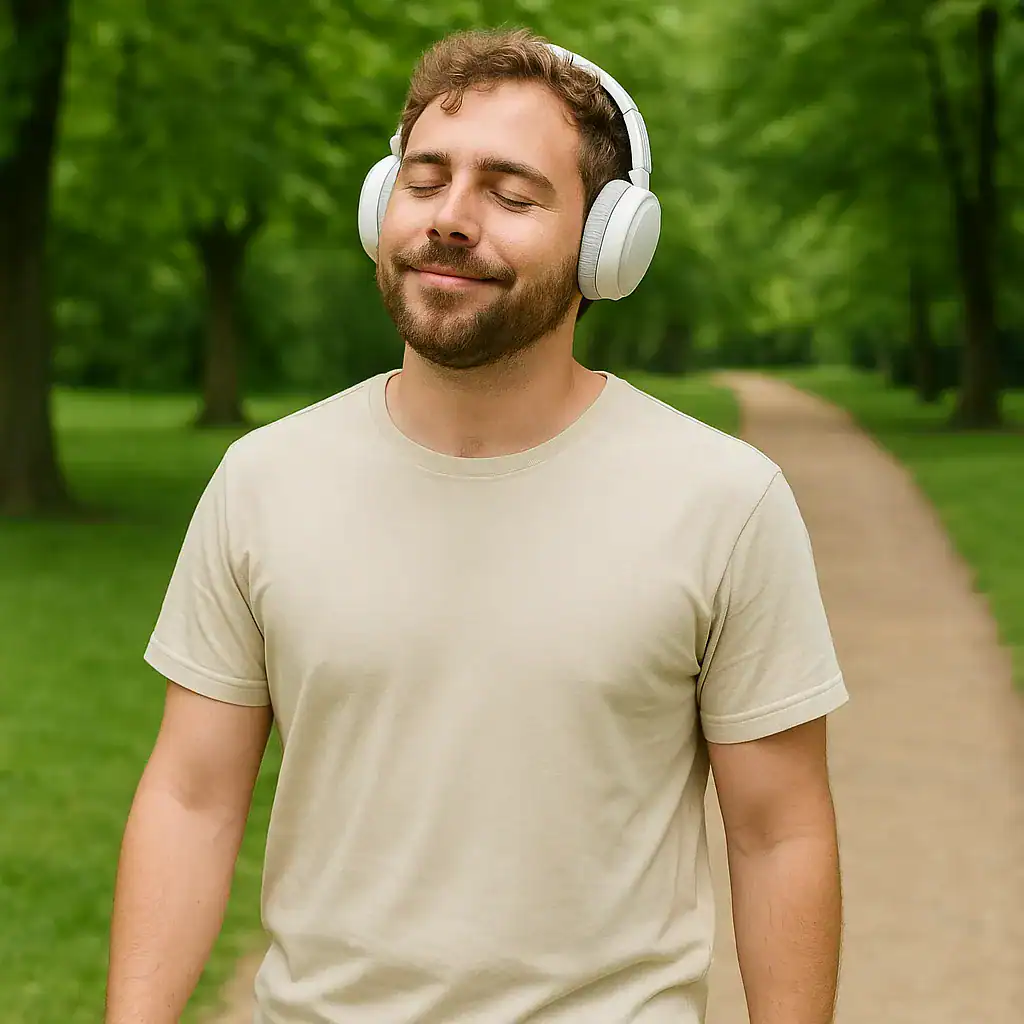 A relaxed man walking in a green park wearing headphones during a break