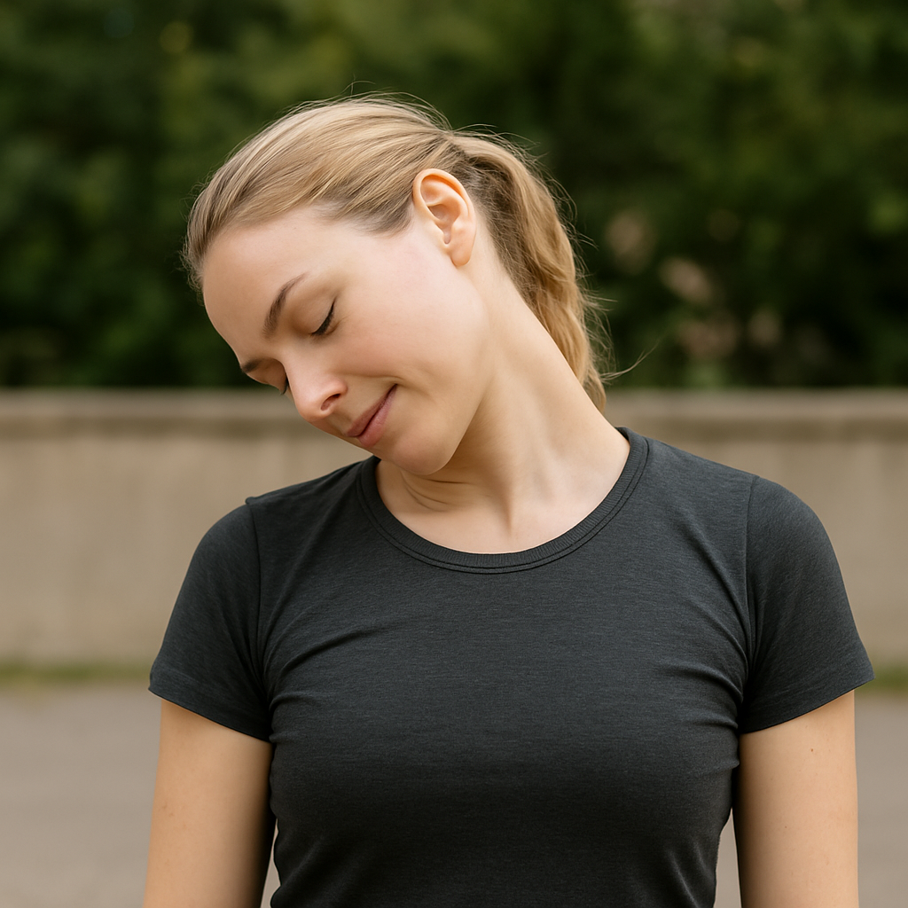 "Woman performing neck roll — a simple desk exercise to reduce back pain while working from home"