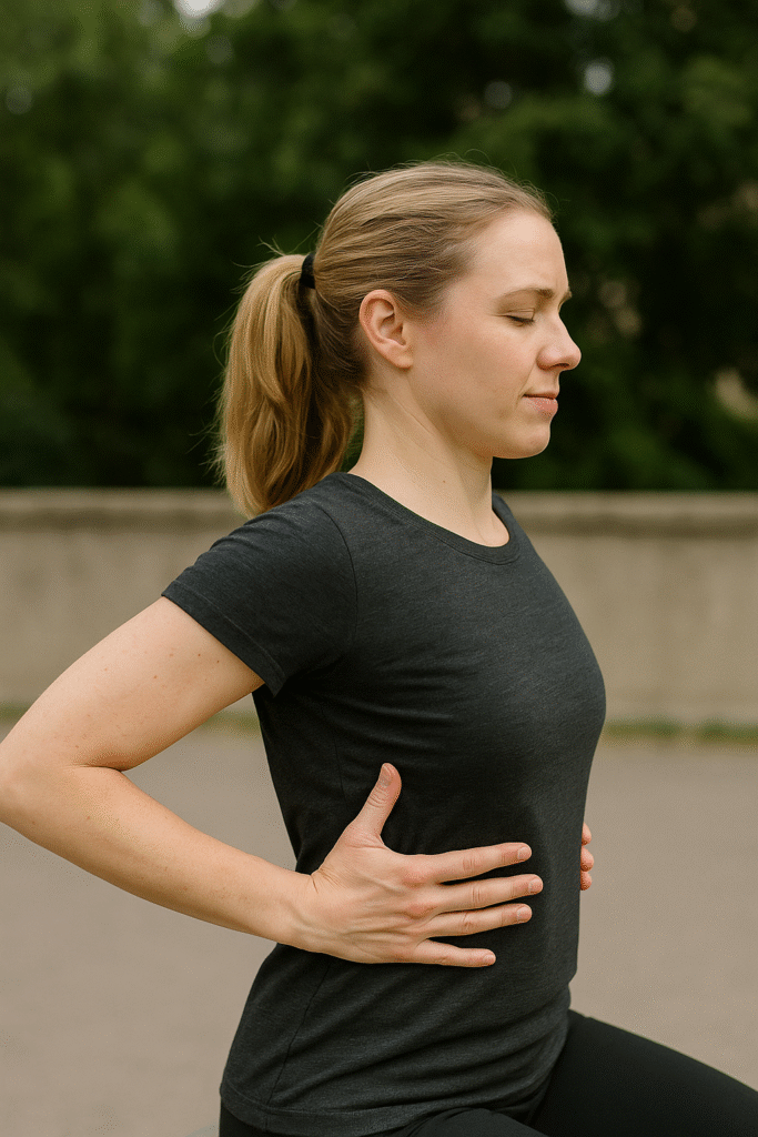 "Woman doing shoulder blade squeeze — a simple desk exercise to improve posture and reduce upper back pain while working from home"