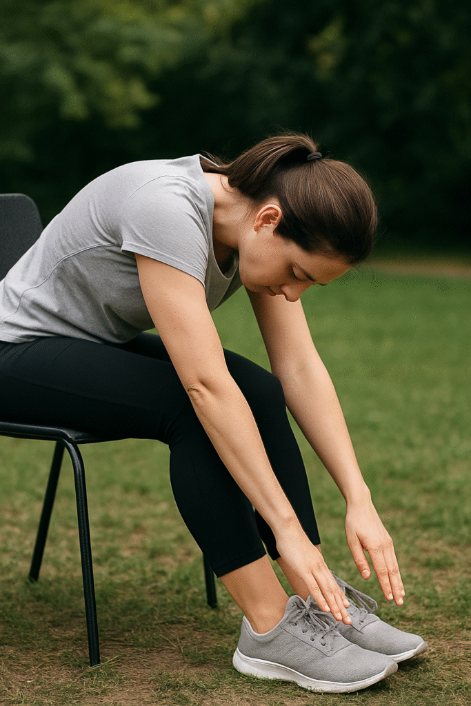 "Woman doing seated forward fold on a chair — a simple desk stretch to relieve lower back tension and improve flexibility while working from home"