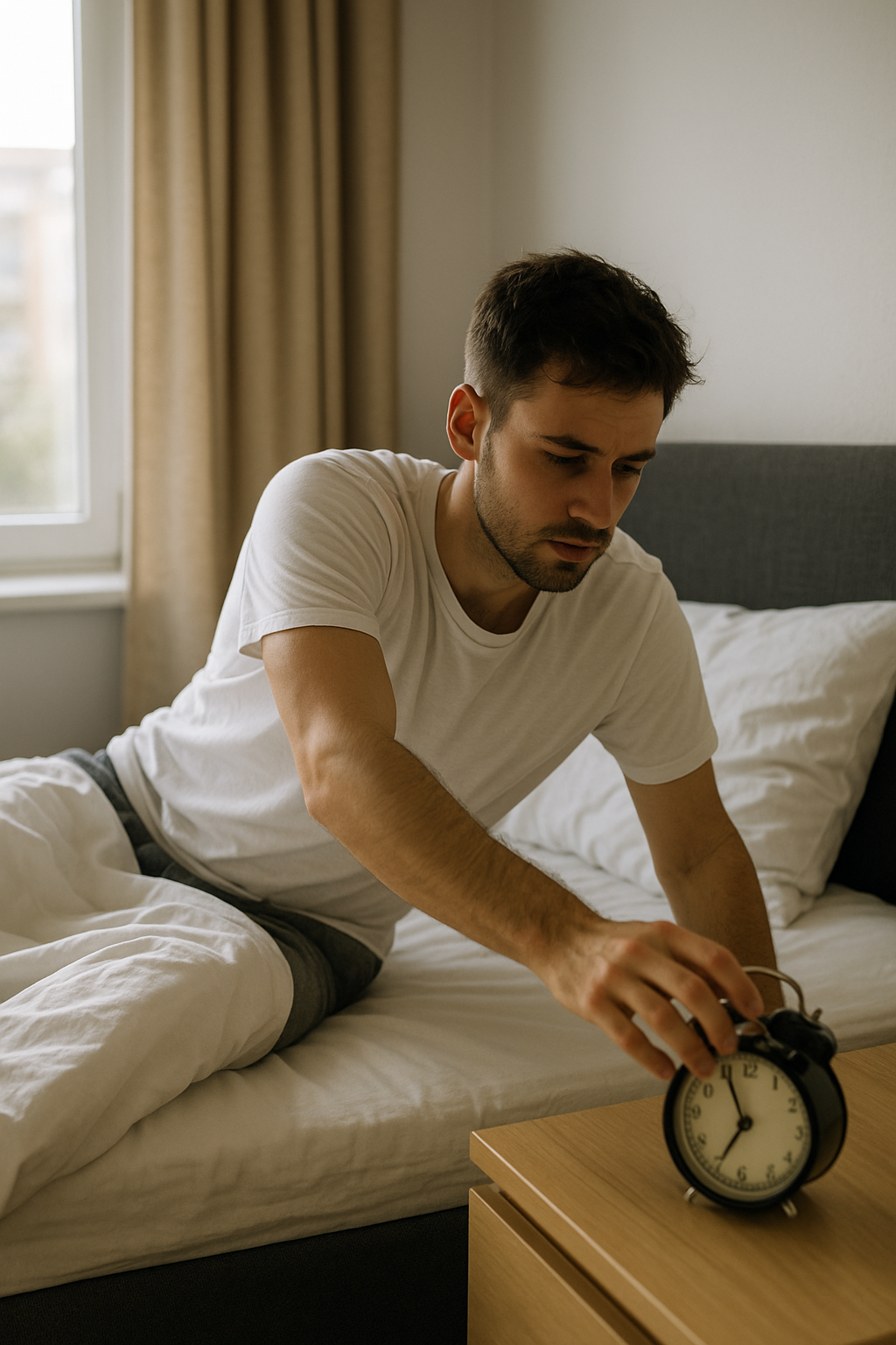 “Man waking up early beside alarm clock”
