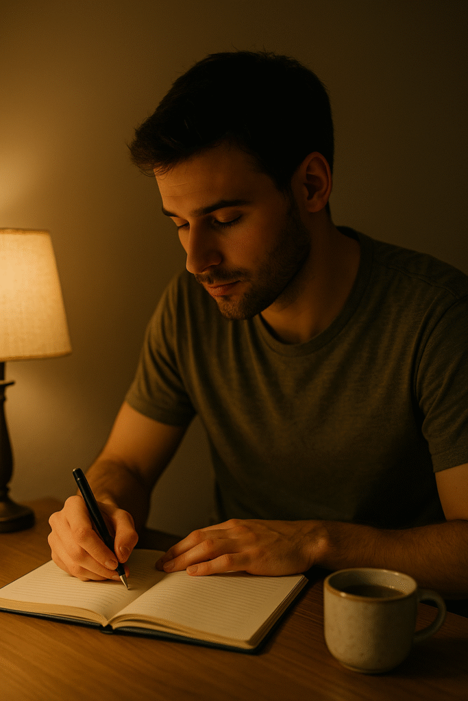 Person journaling by lamplight
