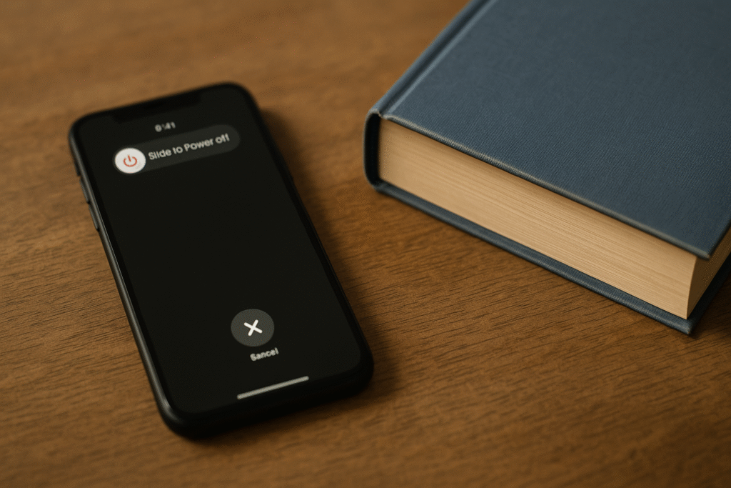Phone turned off beside a book