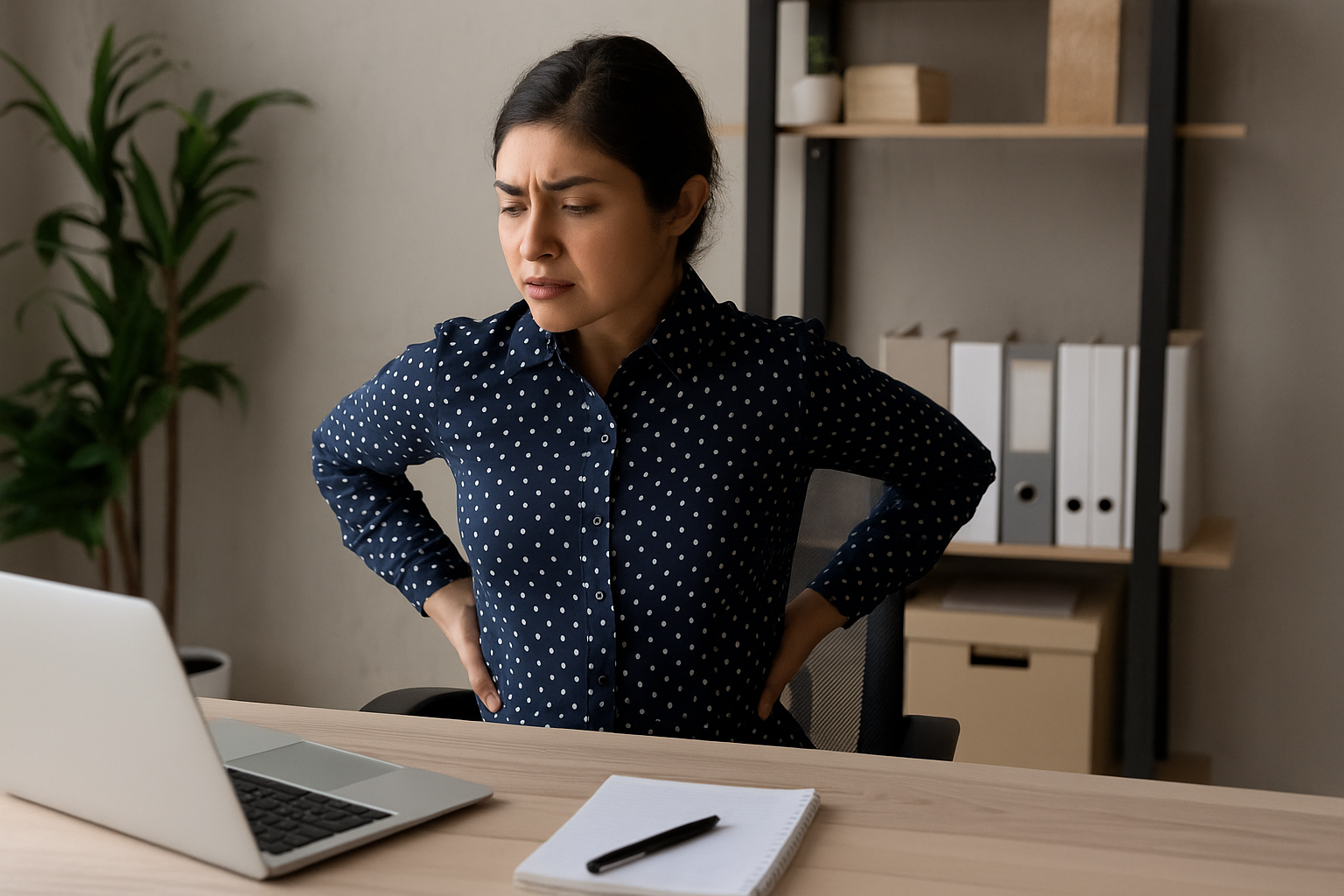 Woman doing a seated back stretch at her desk to reduce back pain while working remotely