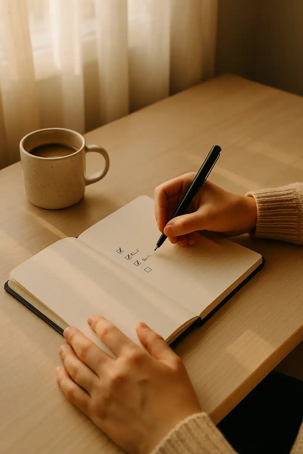 "Journaling practice in a cozy morning workspace"