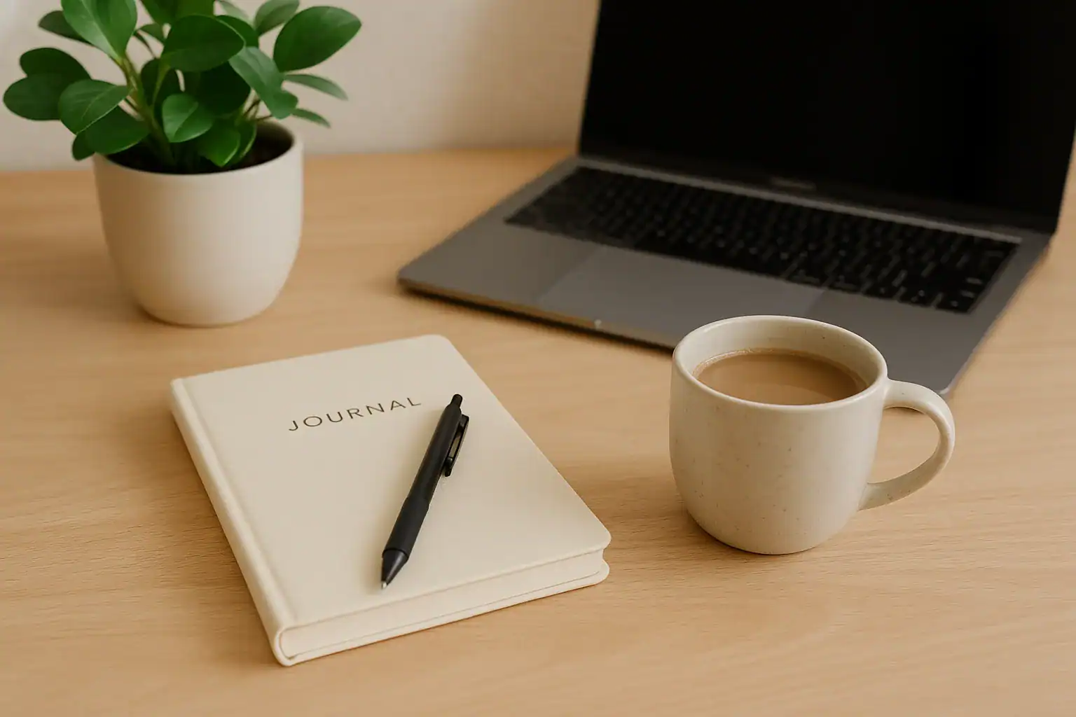 "Calm workspace with a journal, pen, coffee mug, plant, and laptop for remote work focus"