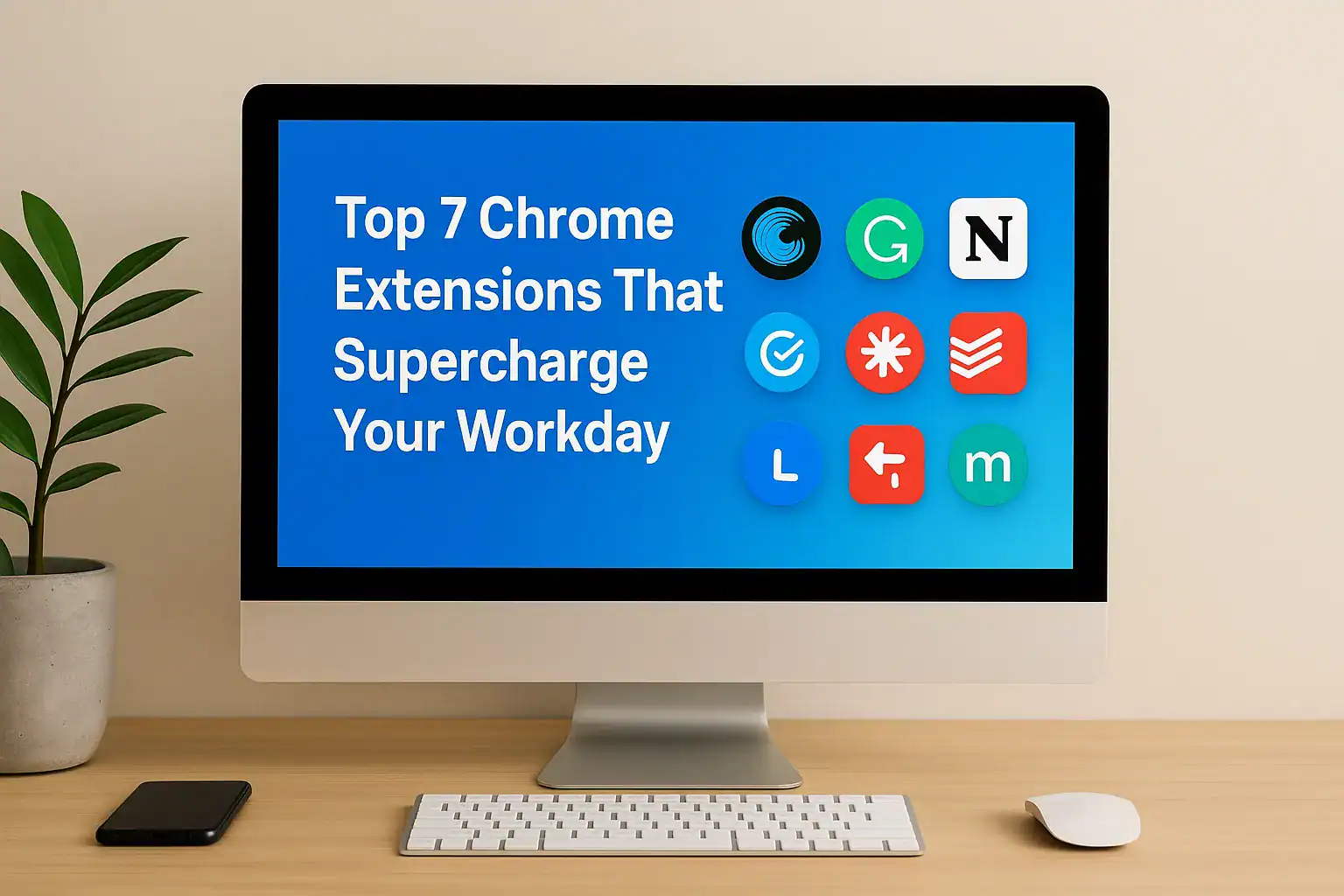 Computer screen displaying top 7 Chrome extensions for productivity on a minimalist desk setup