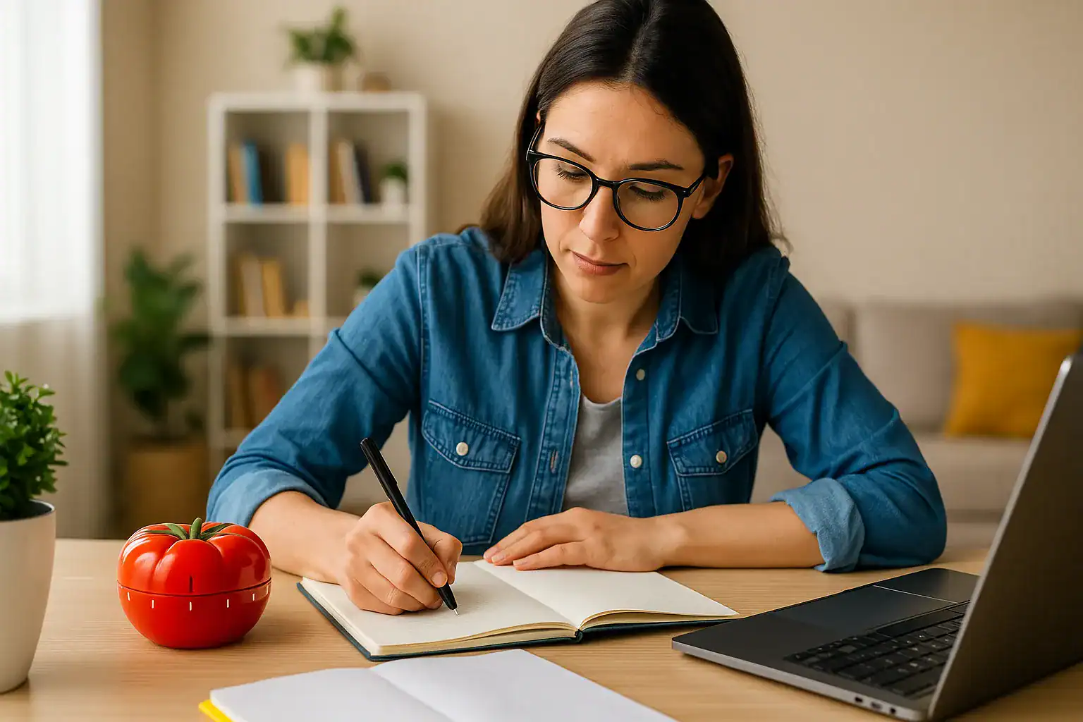 "A young woman working at a wooden desk with a Pomodoro timer, laptop, and notebook in a cozy home office"