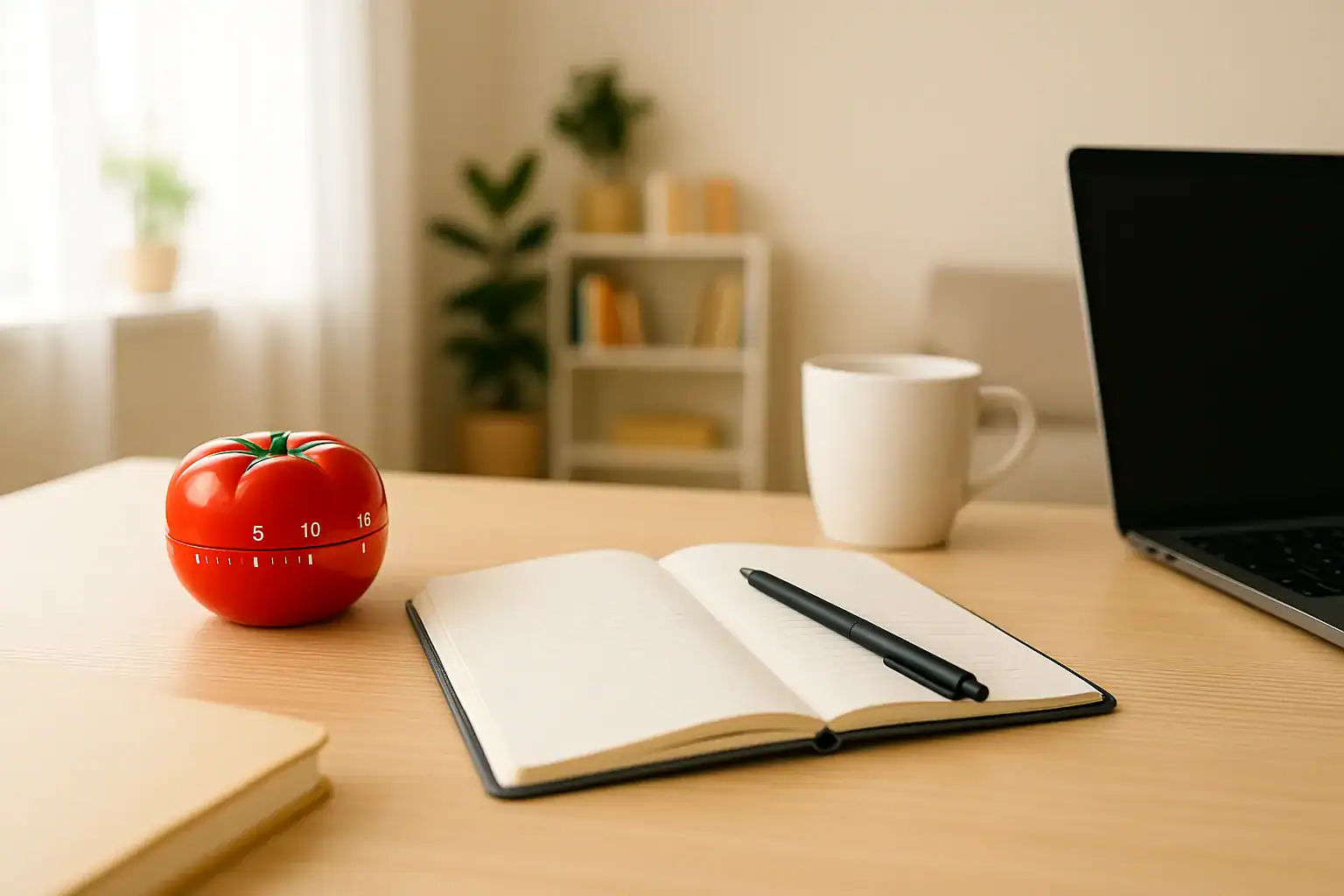 "Bright and cozy desk setup with Pomodoro timer, notebook, pen, coffee mug, and laptop in a minimalist sunlit home office"