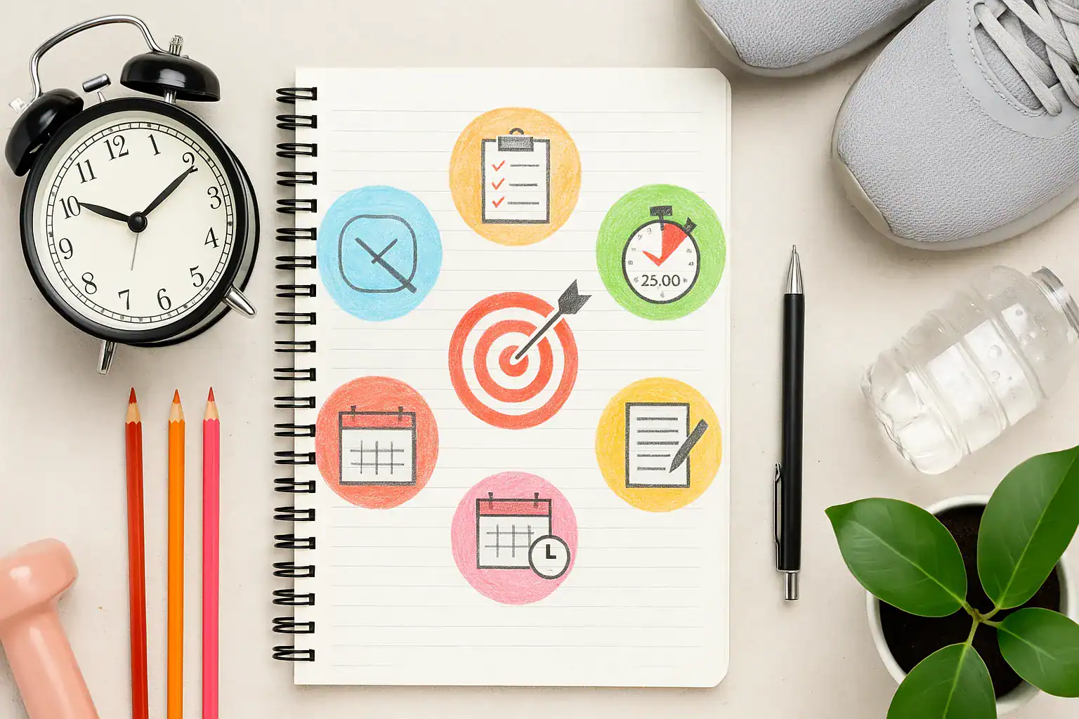 "Flat lay of productivity tools including clock, planner, water bottle, and hand-drawn habit icons on notebook"
