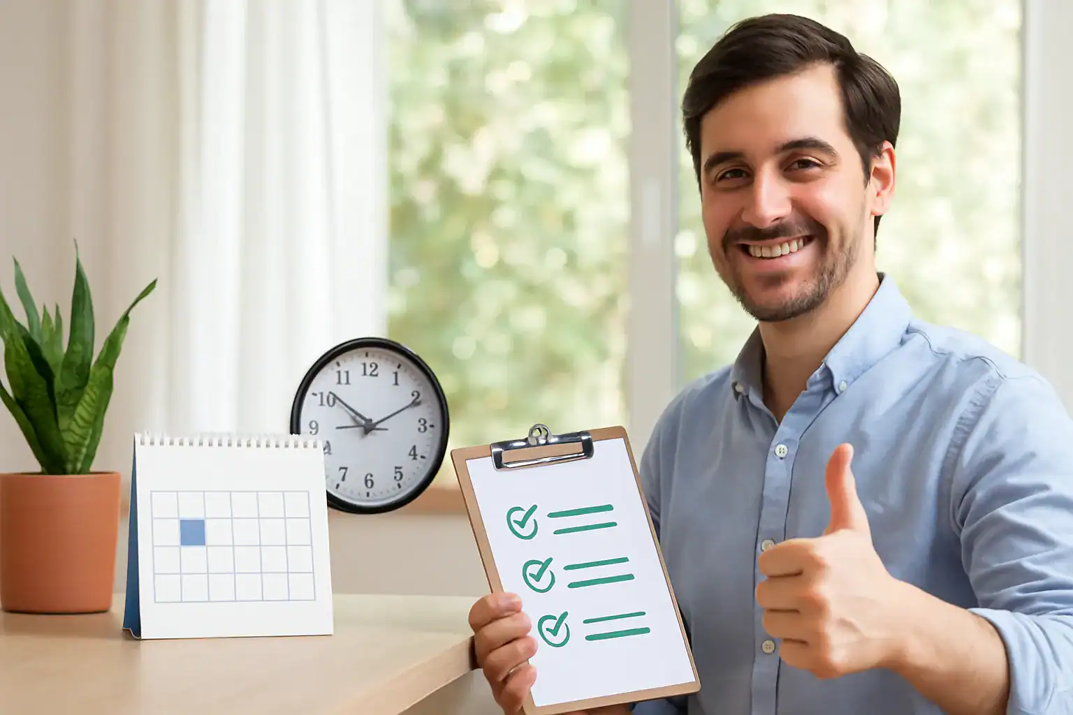 A smiling man at a desk giving a thumbs up while holding a completed task checklist
