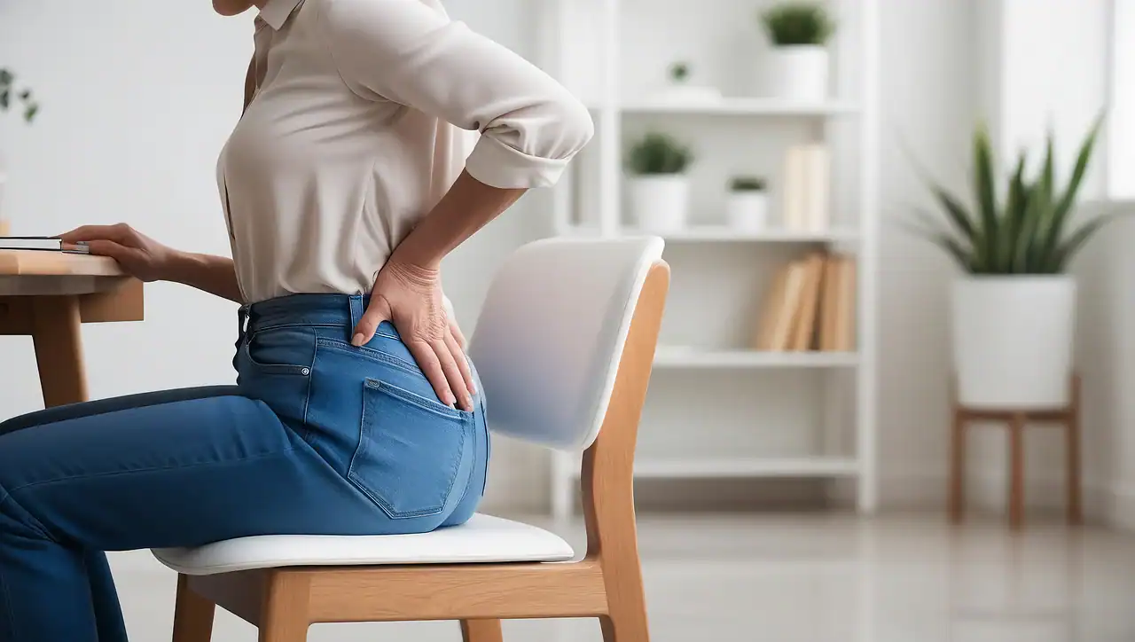 Woman sitting at a desk holding her lower back, experiencing discomfort from prolonged sitting in a modern home office setting.