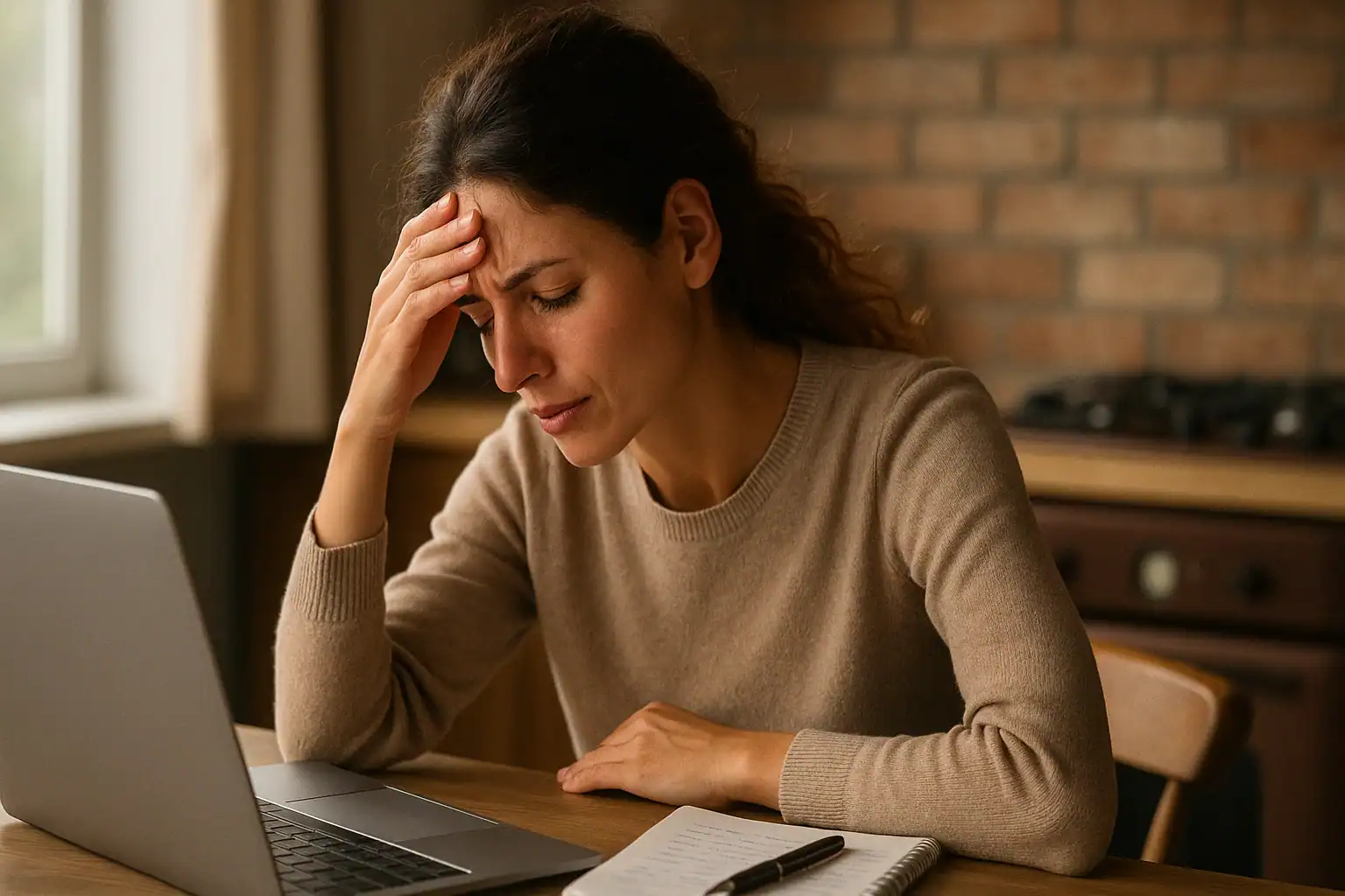 "A burned-out remote worker sitting alone at a desk, overwhelmed and mentally exhausted"