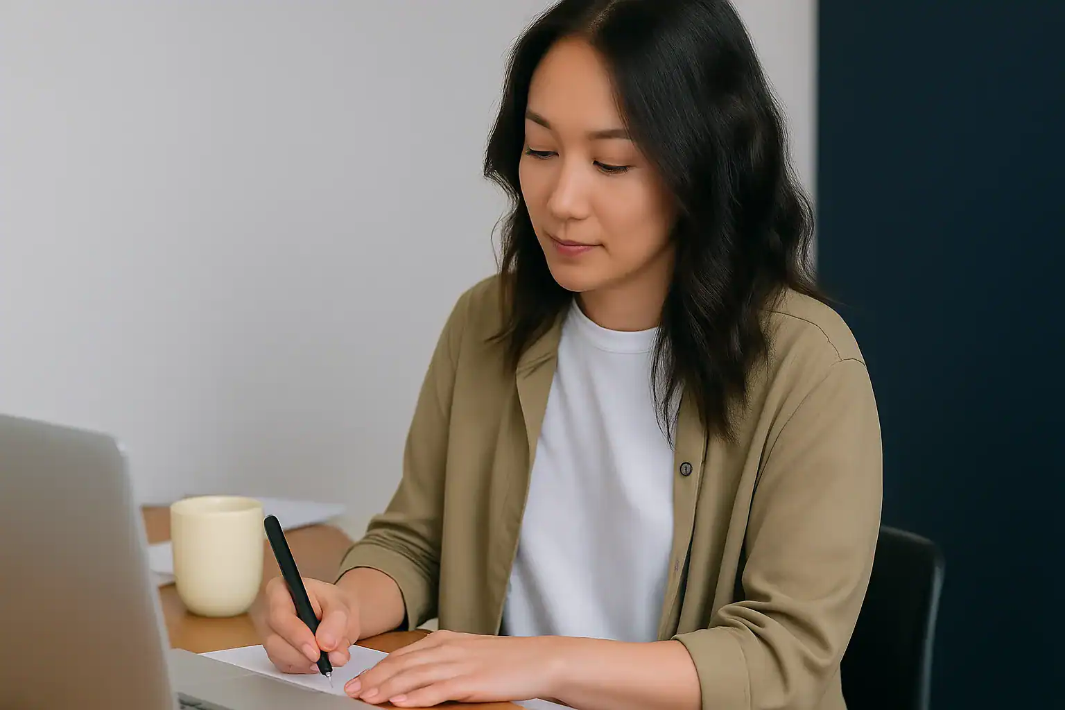 "Focused young woman writing notes at a desk with a laptop and coffee in a natural home workspace"