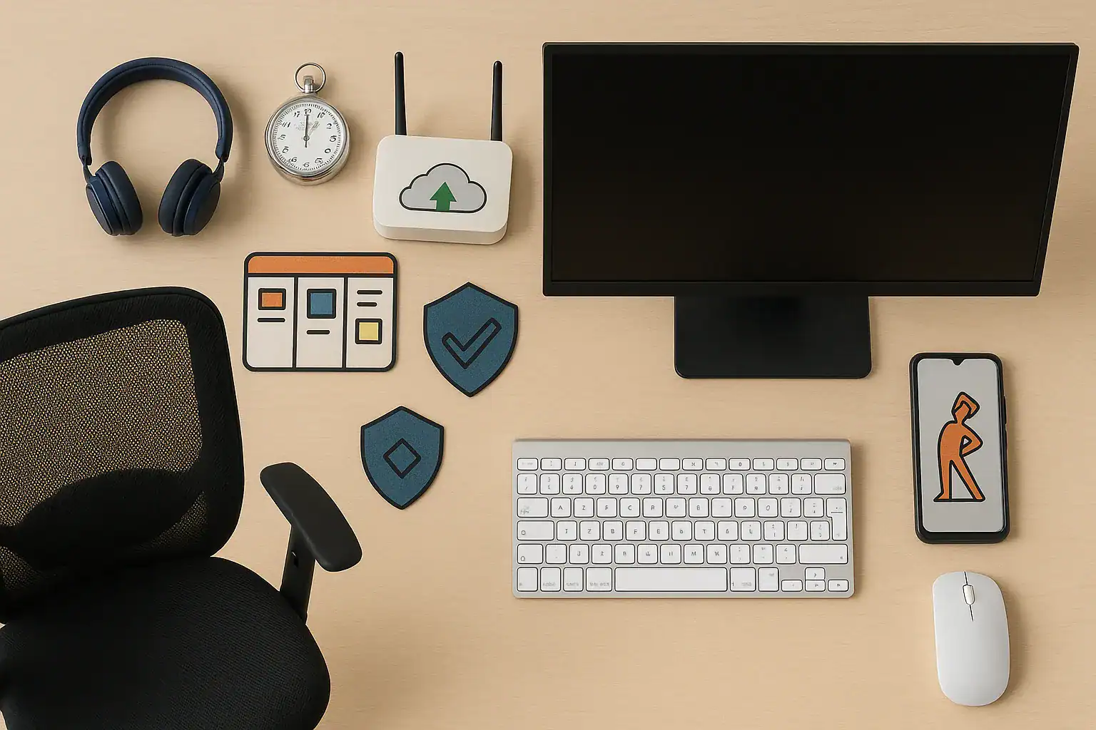 Photo of a modern remote work desk with black mesh chair, wireless headphones, analog stopwatch, Wi-Fi router, external monitor, keyboard, mouse, smartphone, and productivity icons on a wooden surface