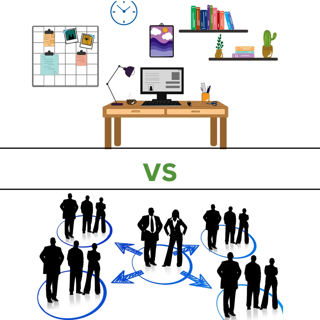 Remote jobs vs traditional office jobs — minimalist split illustration showing a home desk workspace and groups of office employees.
