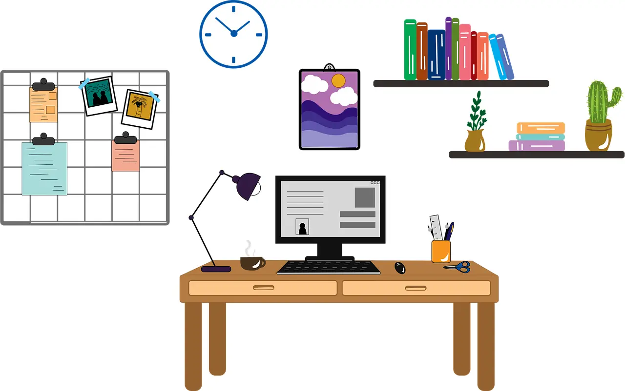 organized home office desk setup with computer, lamp, and bookshelf for remote work