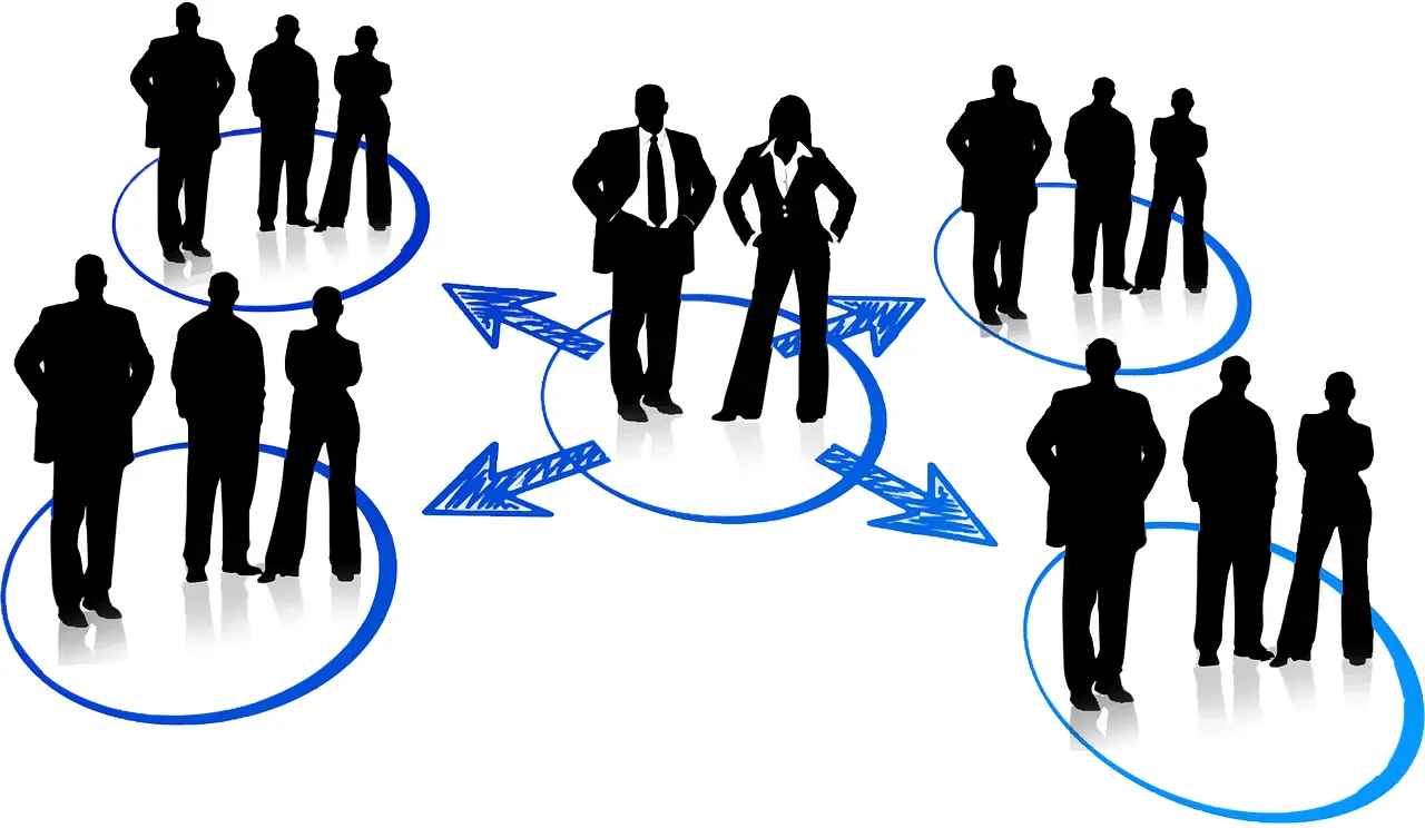 business team network illustration showing groups of professionals connected by arrows.